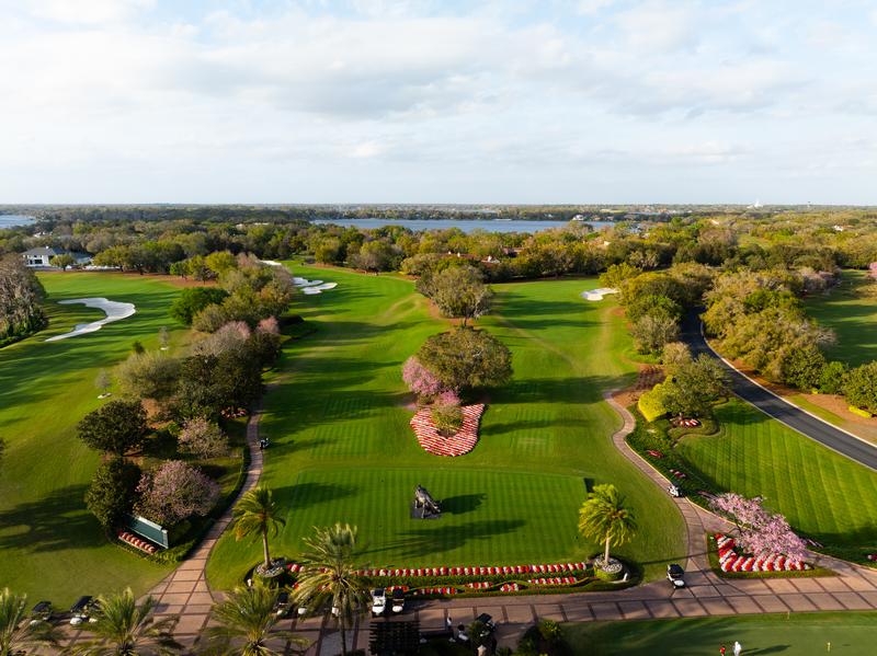 Fairway and tee boxes framed by flowering trees — Isleworth Golf and Country Club, Windermere FL